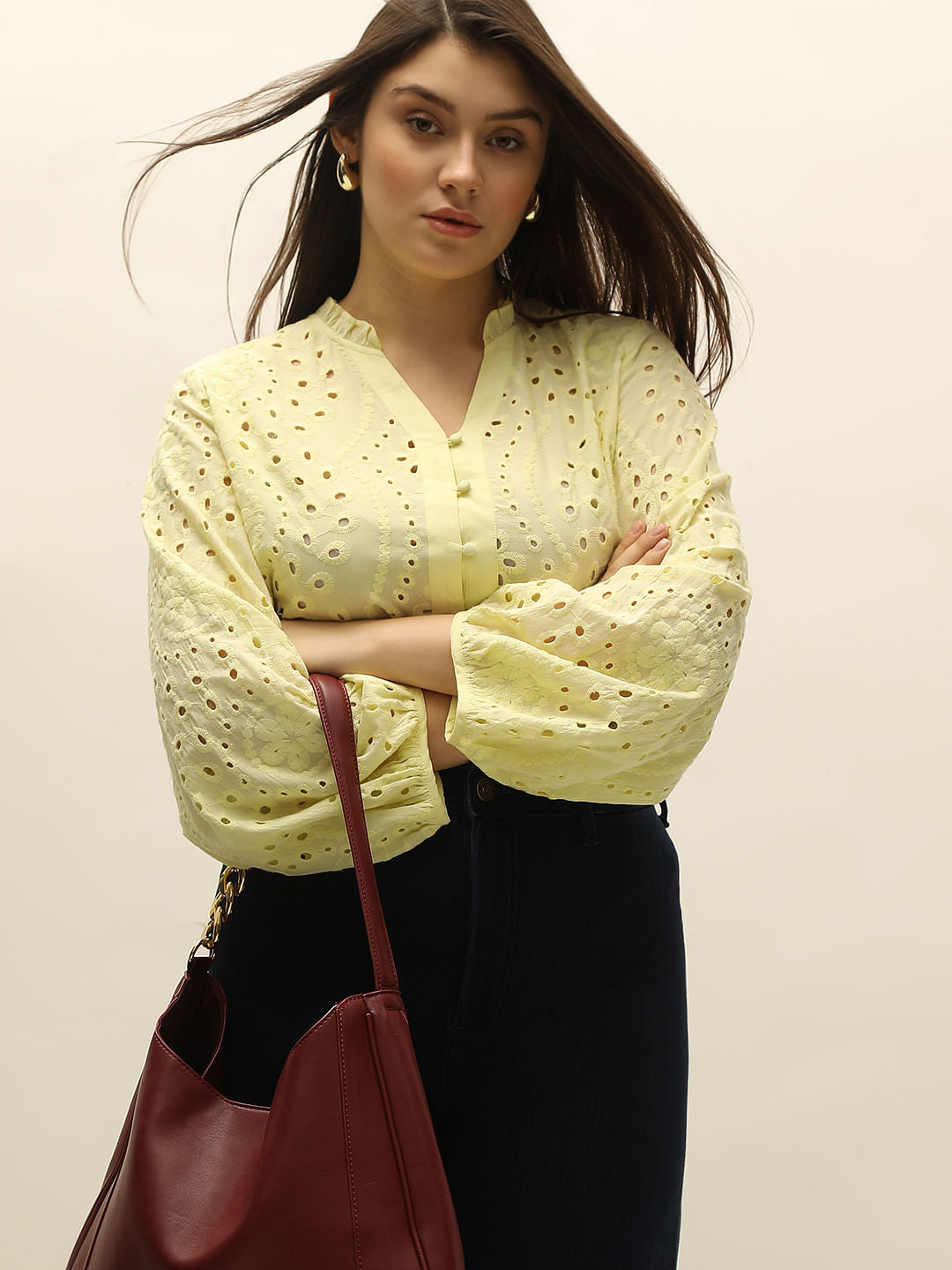 Curve Light Yellow Schiffli Top