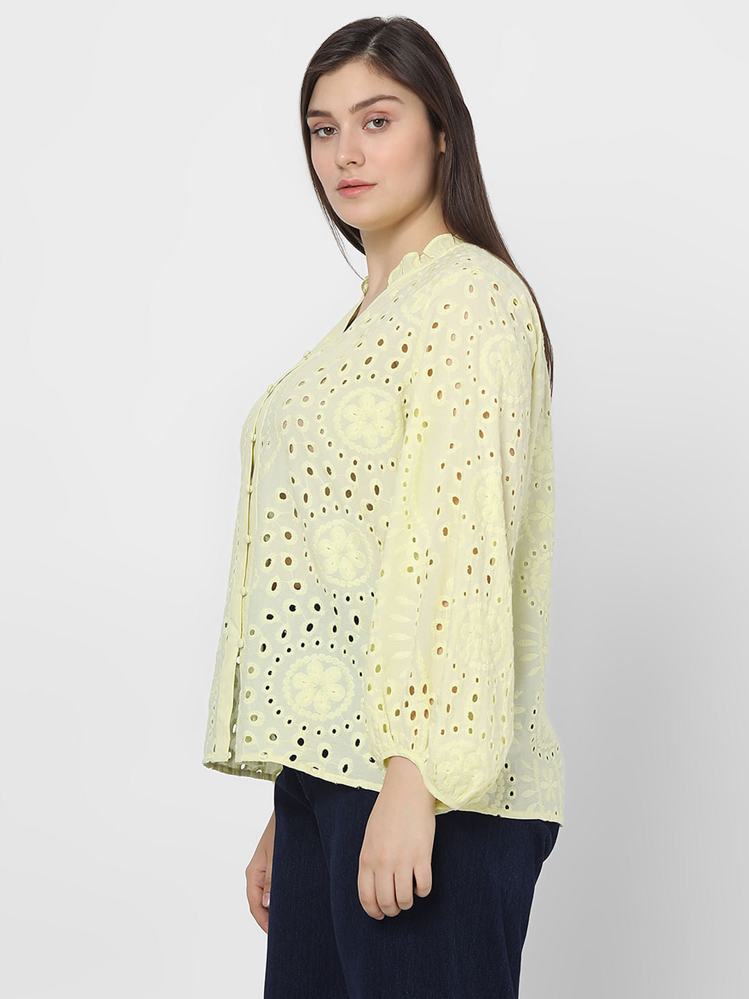 Curve Light Yellow Schiffli Top