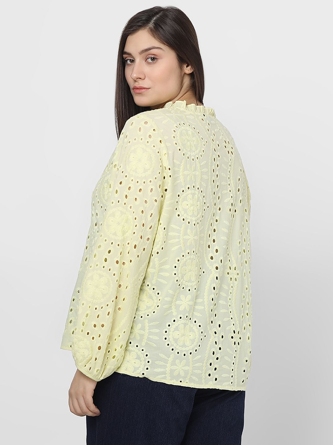 Curve Light Yellow Schiffli Top