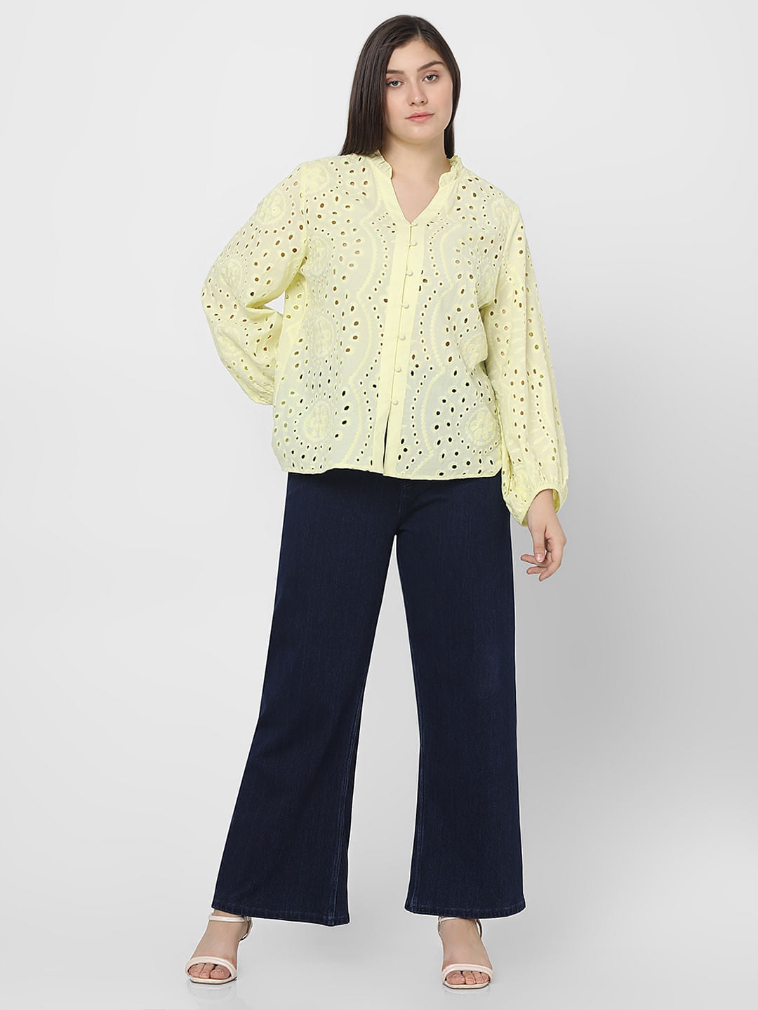 Curve Light Yellow Schiffli Top