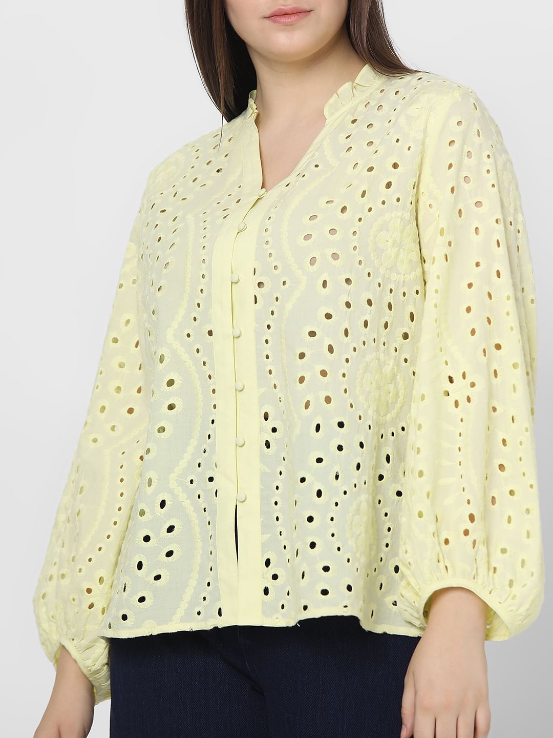Curve Light Yellow Schiffli Top