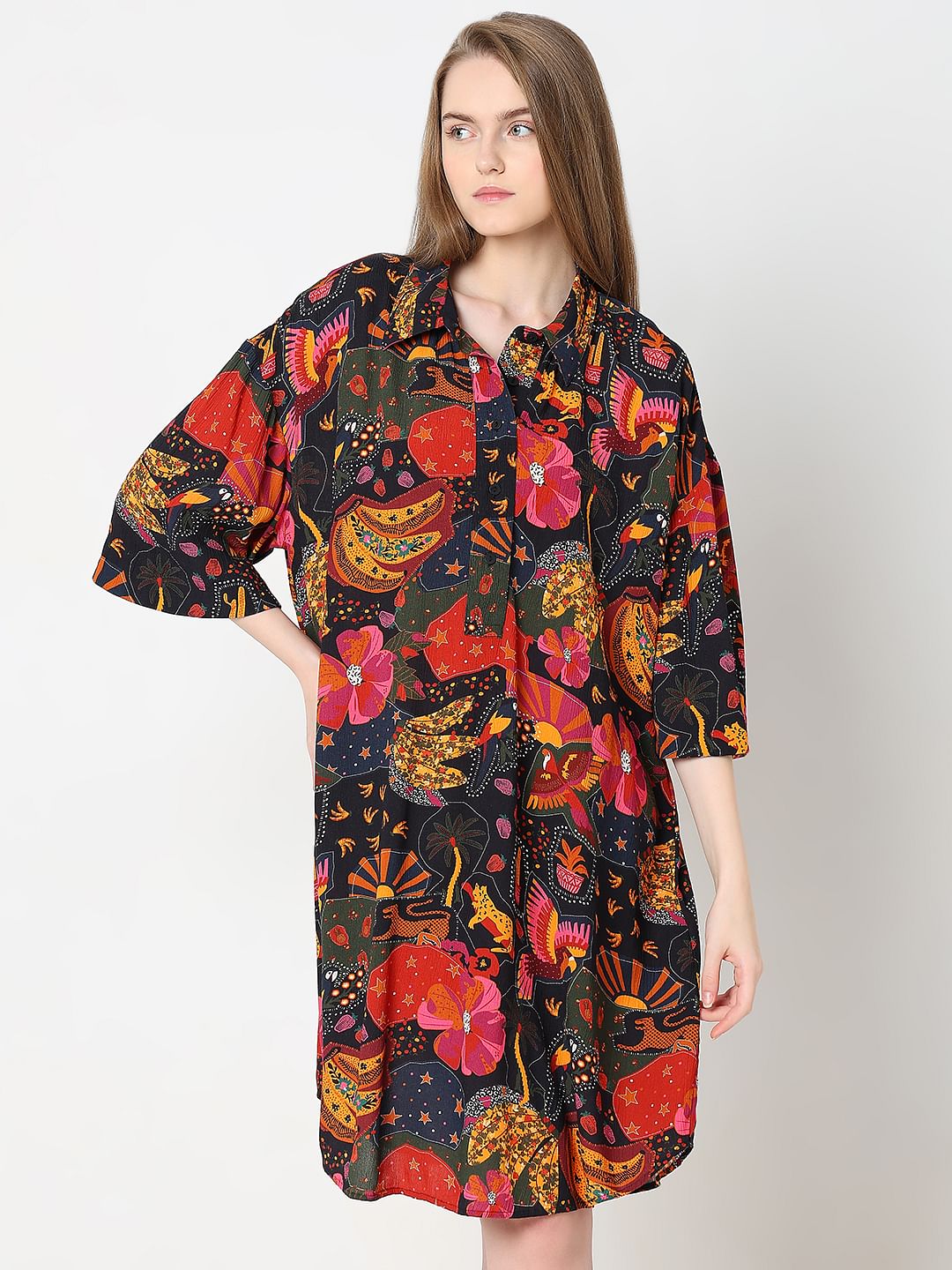 Black Abstract Print Shirt Dress