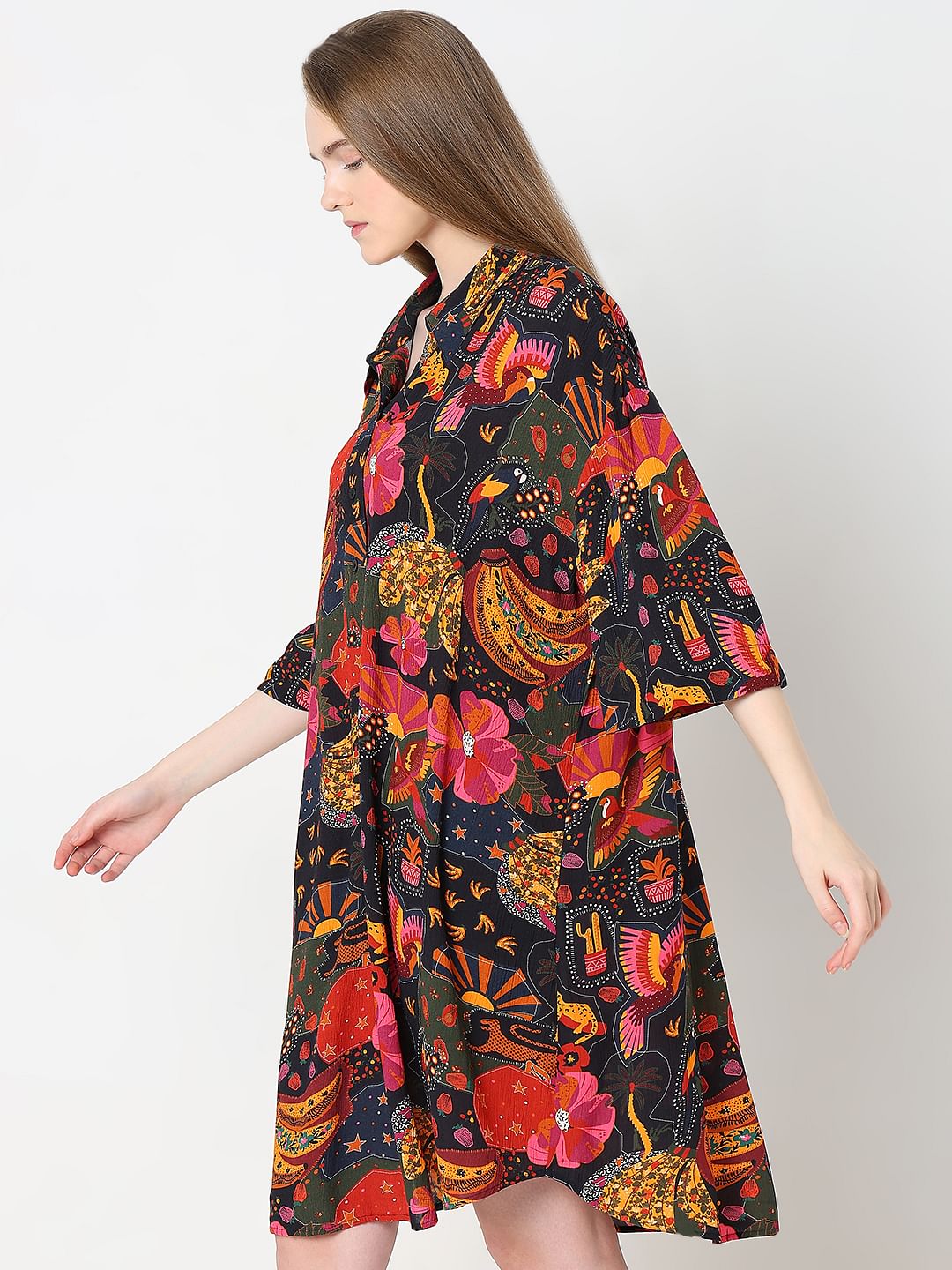 Black Abstract Print Shirt Dress