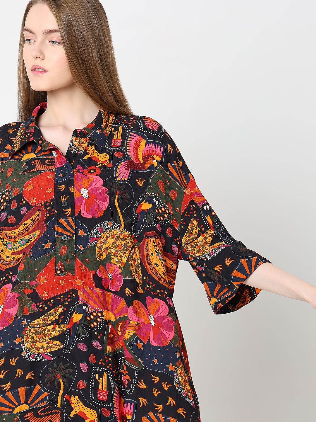 Black Abstract Print Shirt Dress