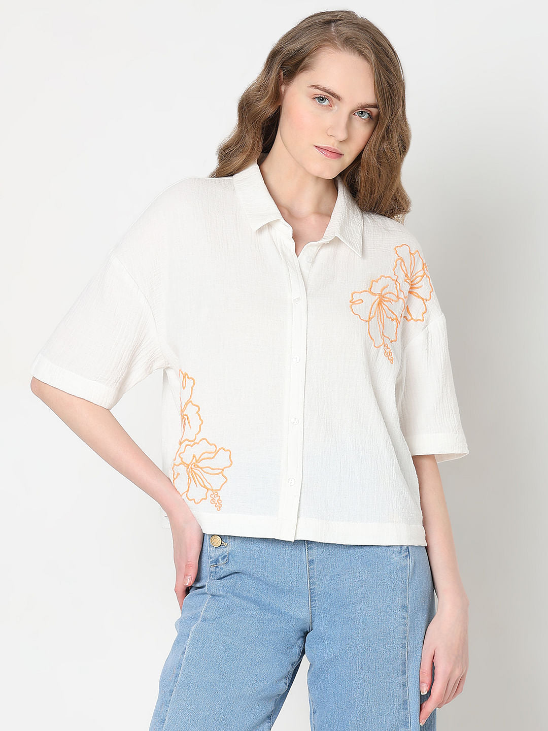 White Embroidered Print Shirt