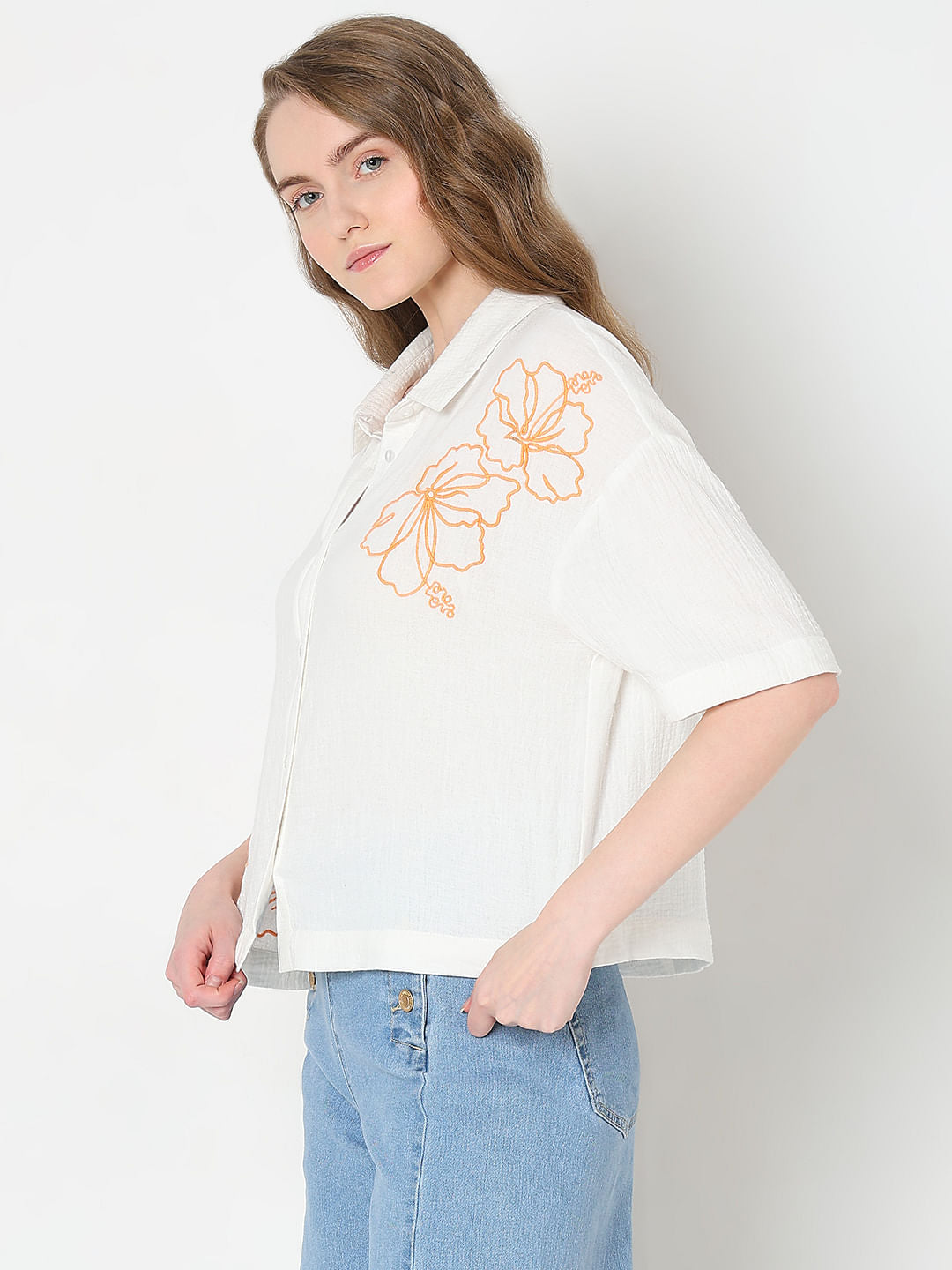 White Embroidered Print Shirt