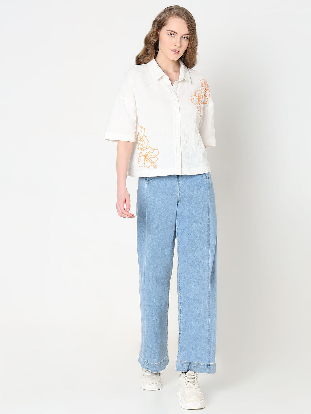 White Embroidered Print Shirt