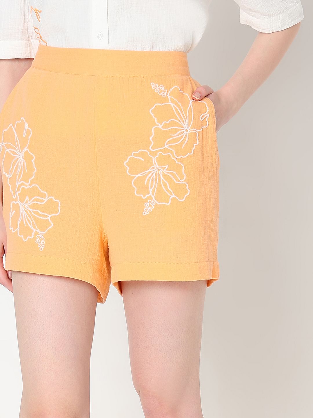 Orange Embroidered Co-Ord Set Shorts