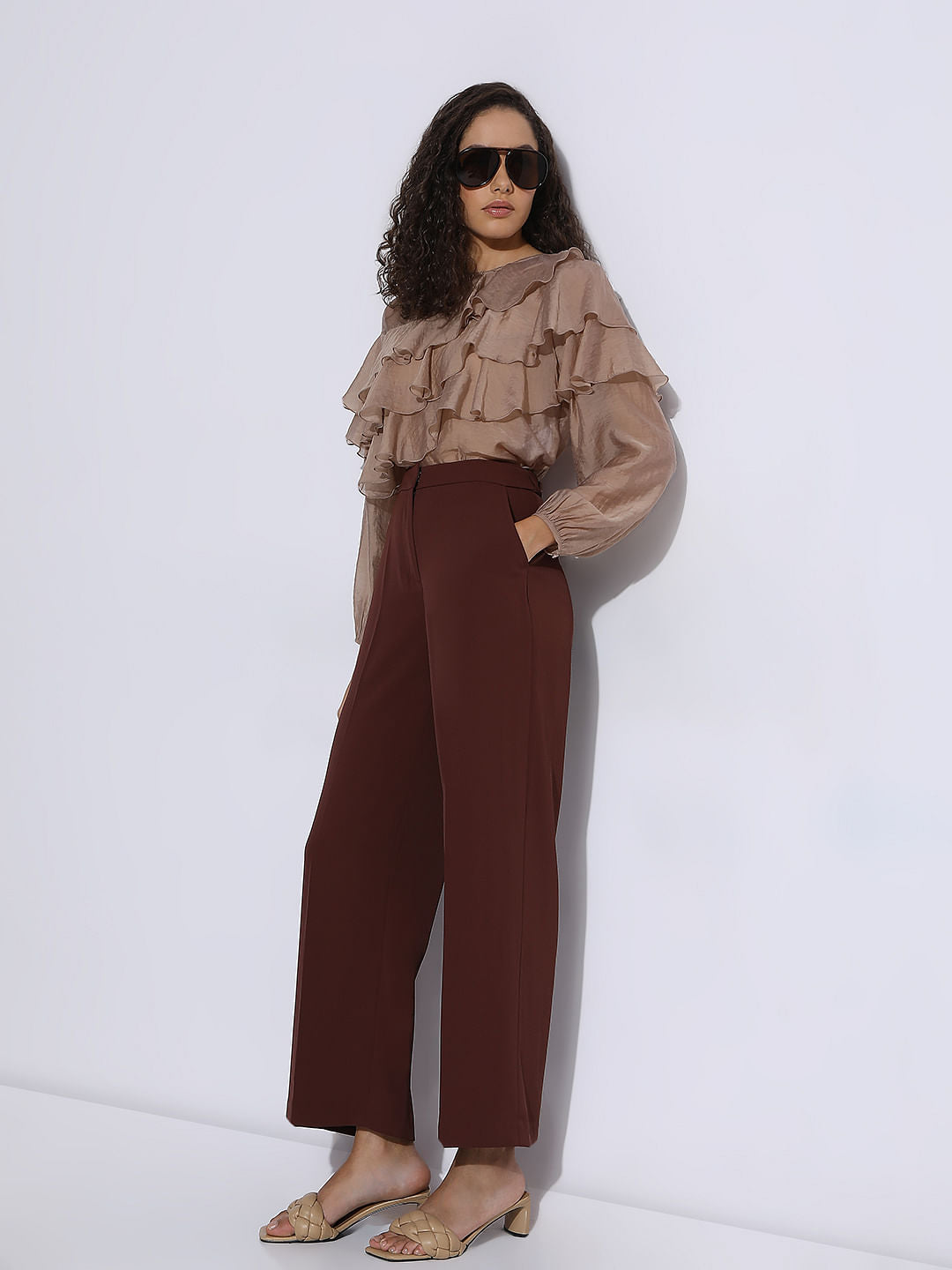 Brown High Rise Wide Leg Pants