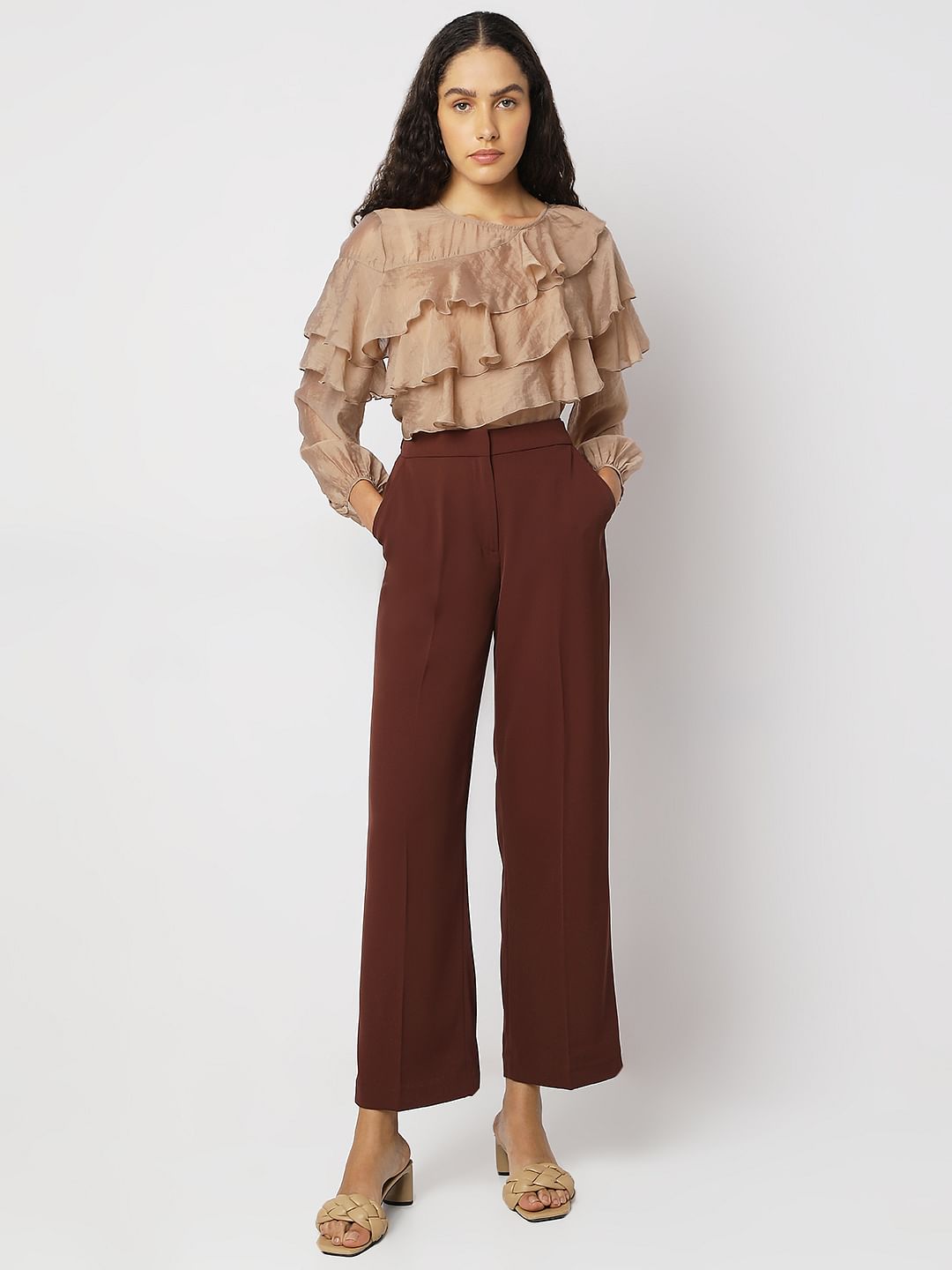 Brown High Rise Wide Leg Pants