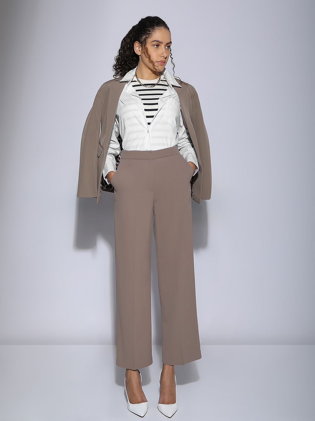 Beige High Rise Straight Fit Pants