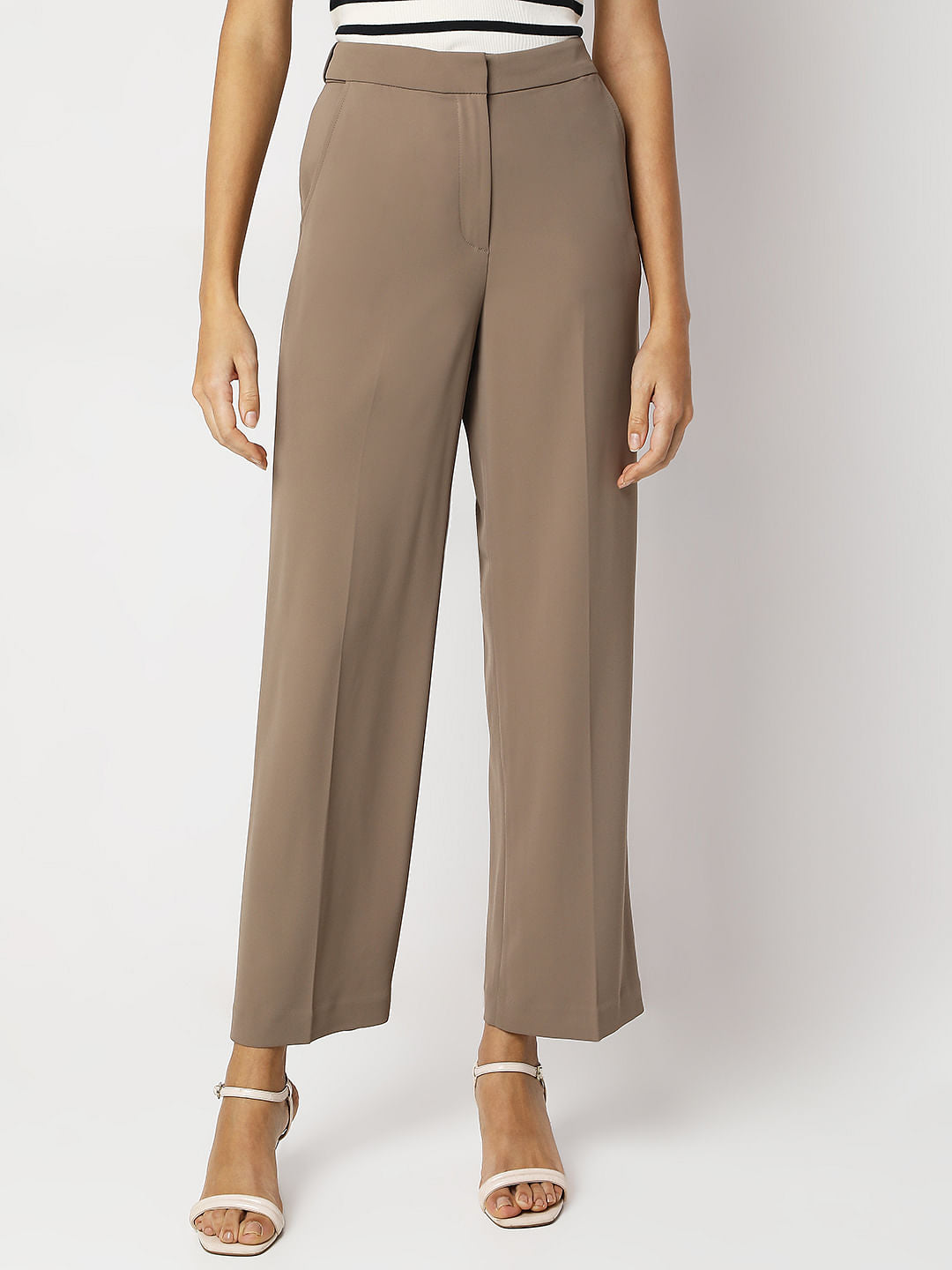 Beige High Rise Straight Fit Pants