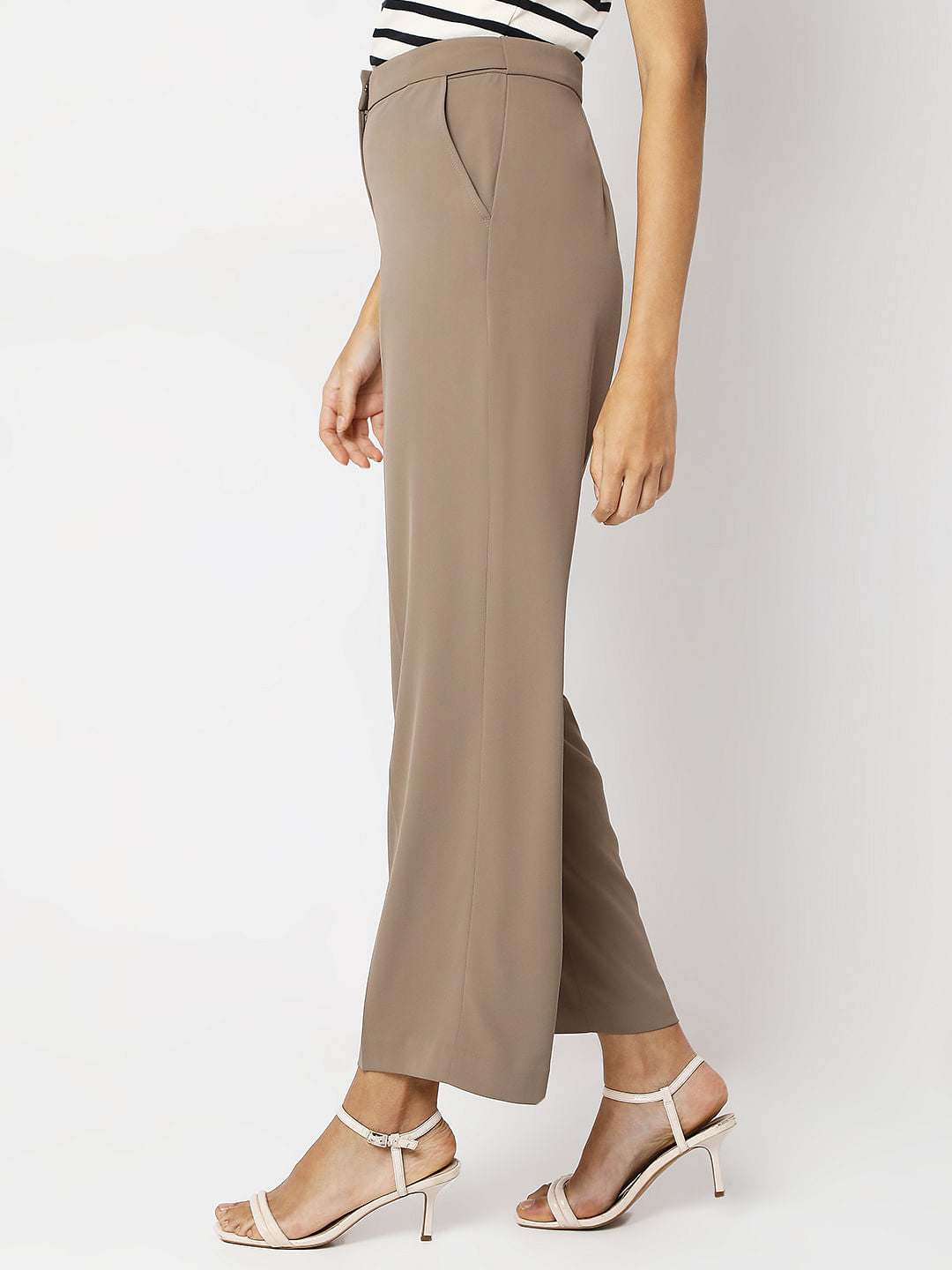 Beige High Rise Straight Fit Pants