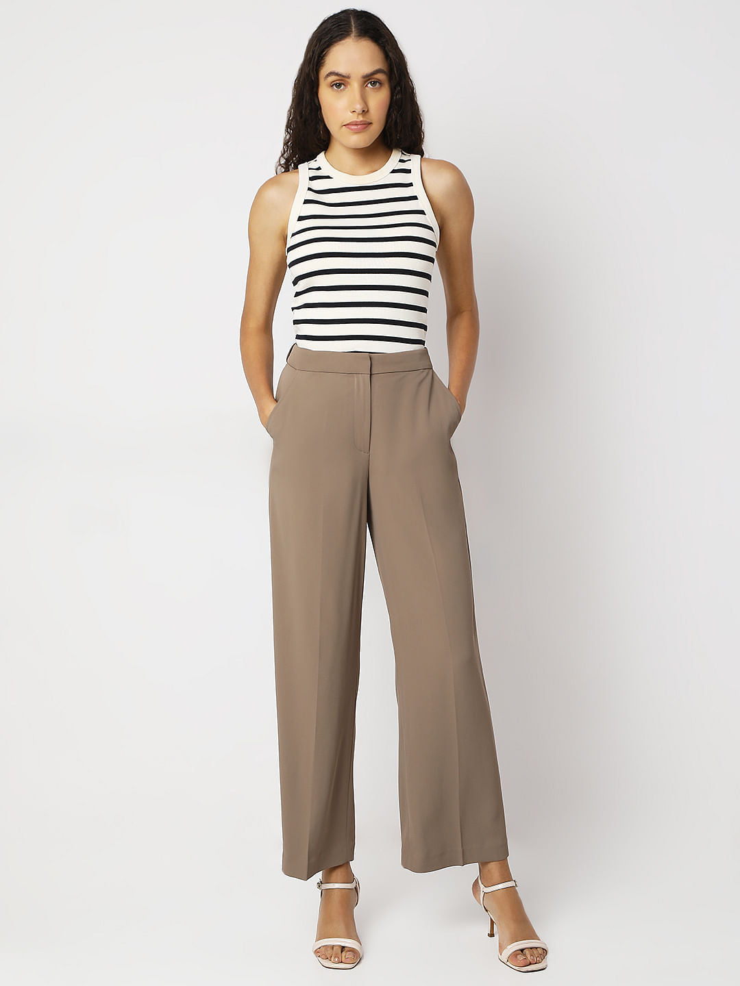 Beige High Rise Straight Fit Pants