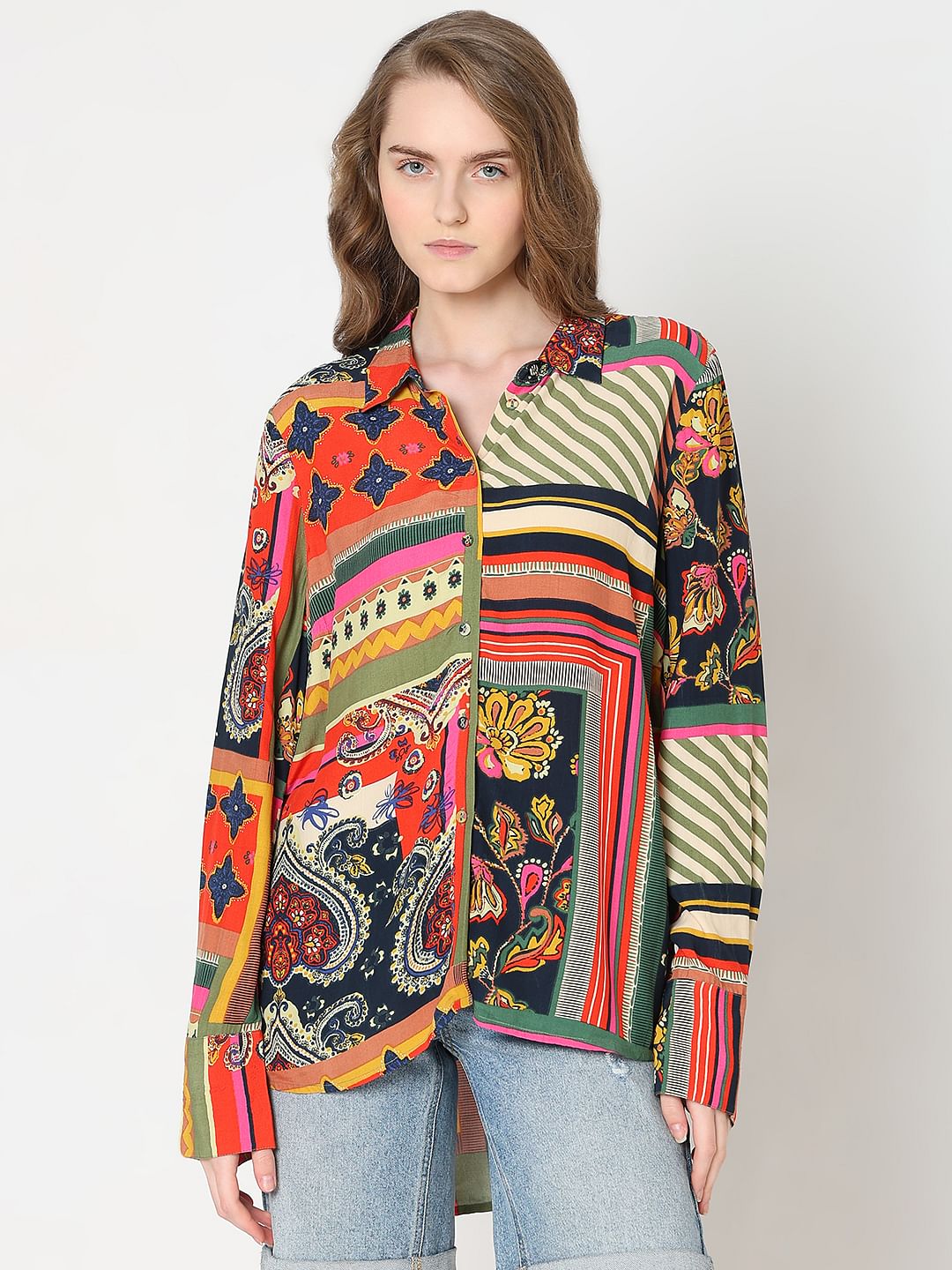 Multi-Colour Printed Asymmetric Shirt