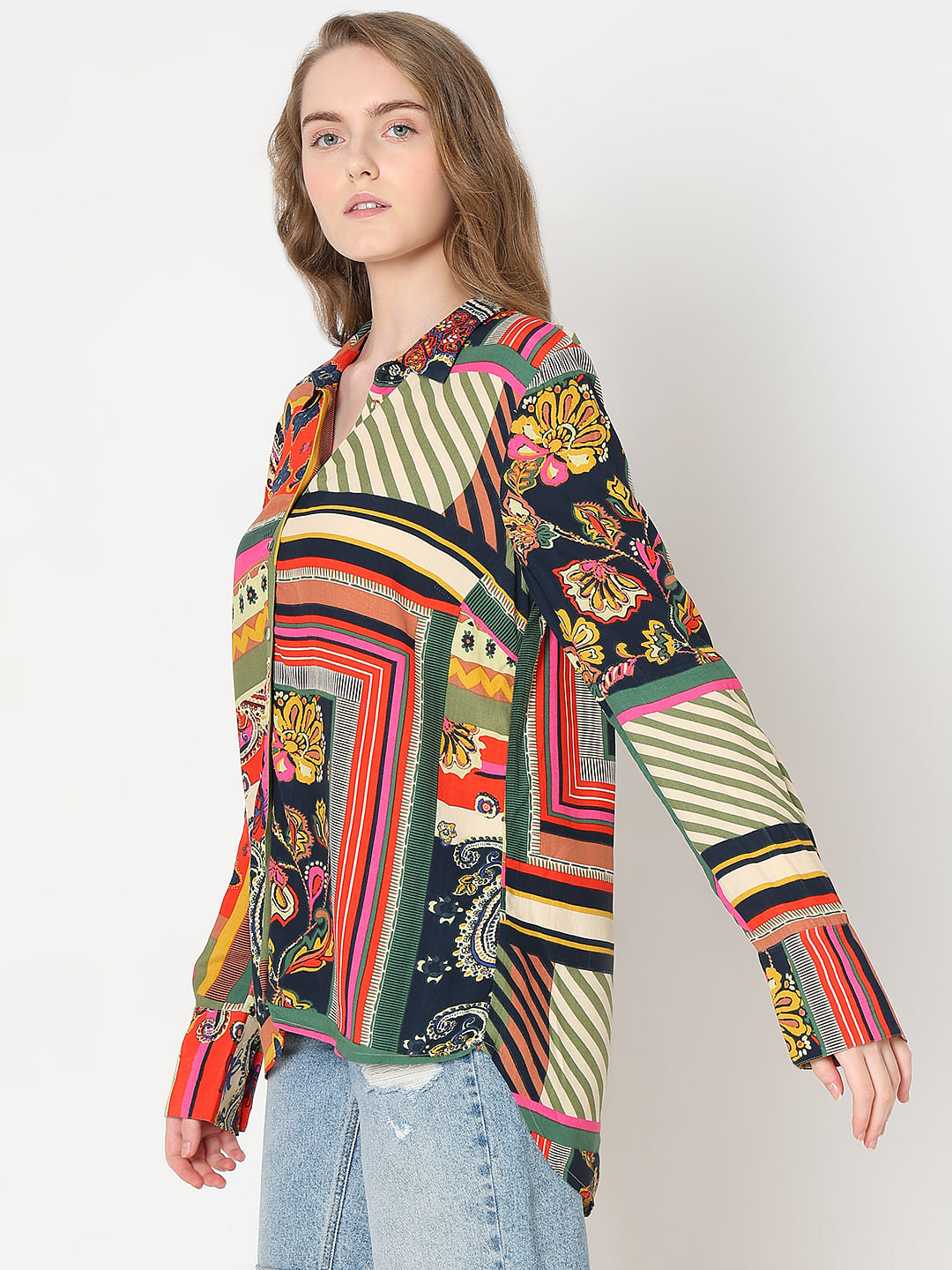 Multi-Colour Printed Asymmetric Shirt