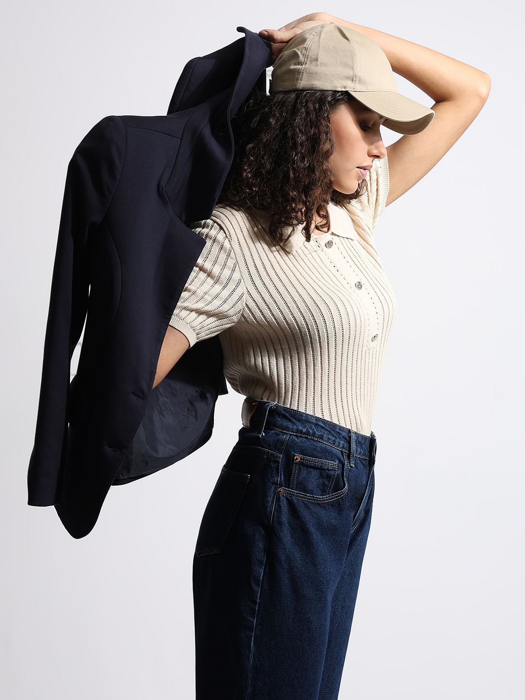 Beige Polo Neck Short Sleeve Top