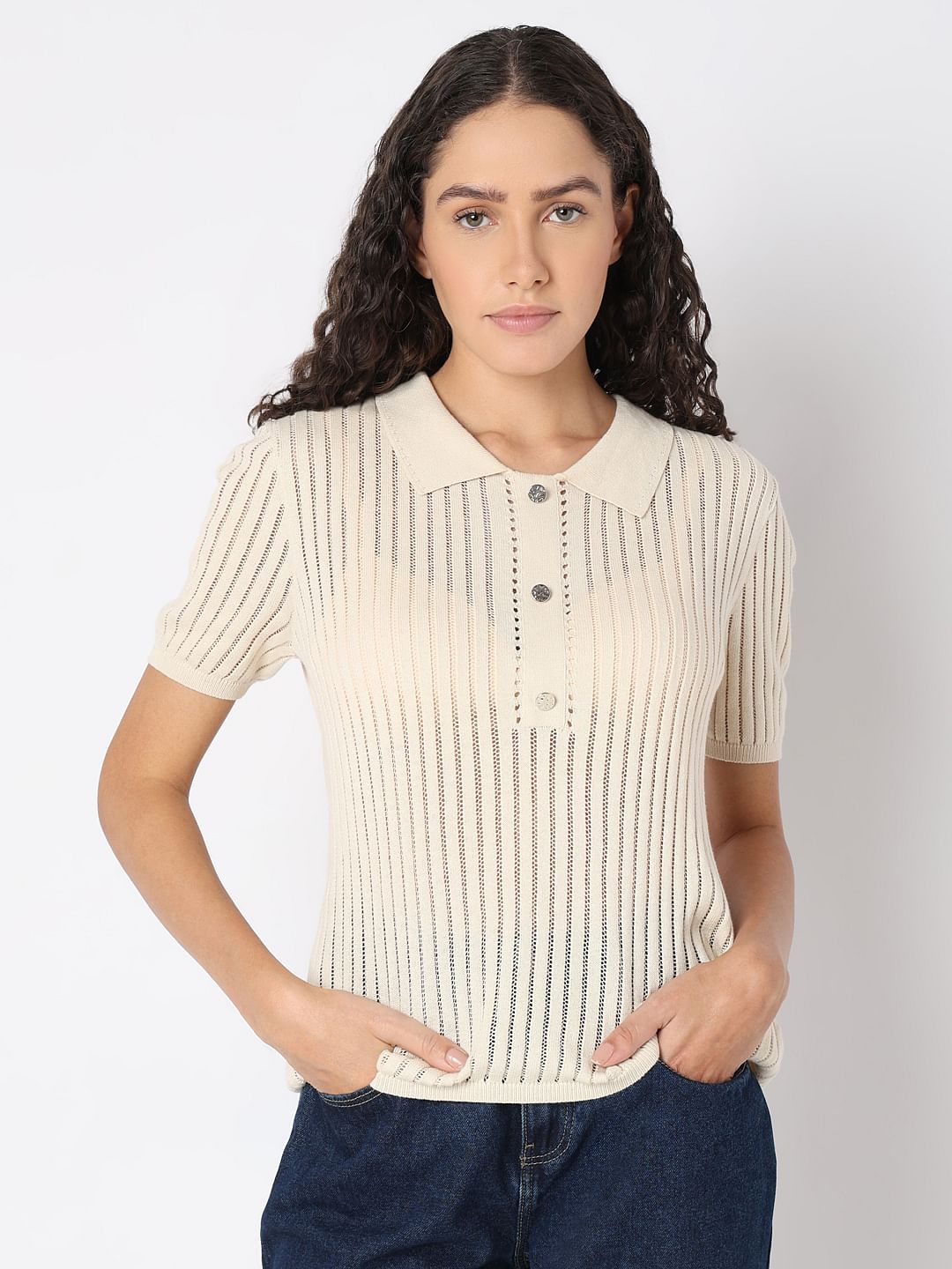 Beige Polo Neck Short Sleeve Top