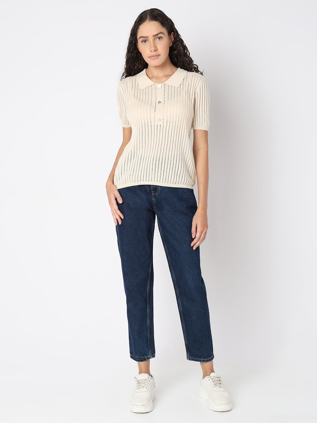 Beige Polo Neck Short Sleeve Top