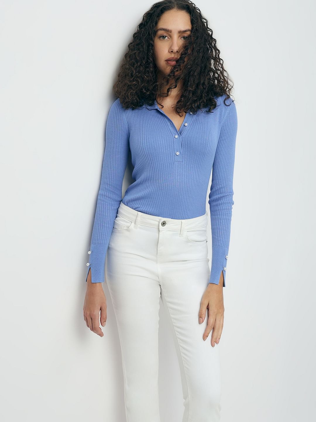 Blue Polo Neck Top