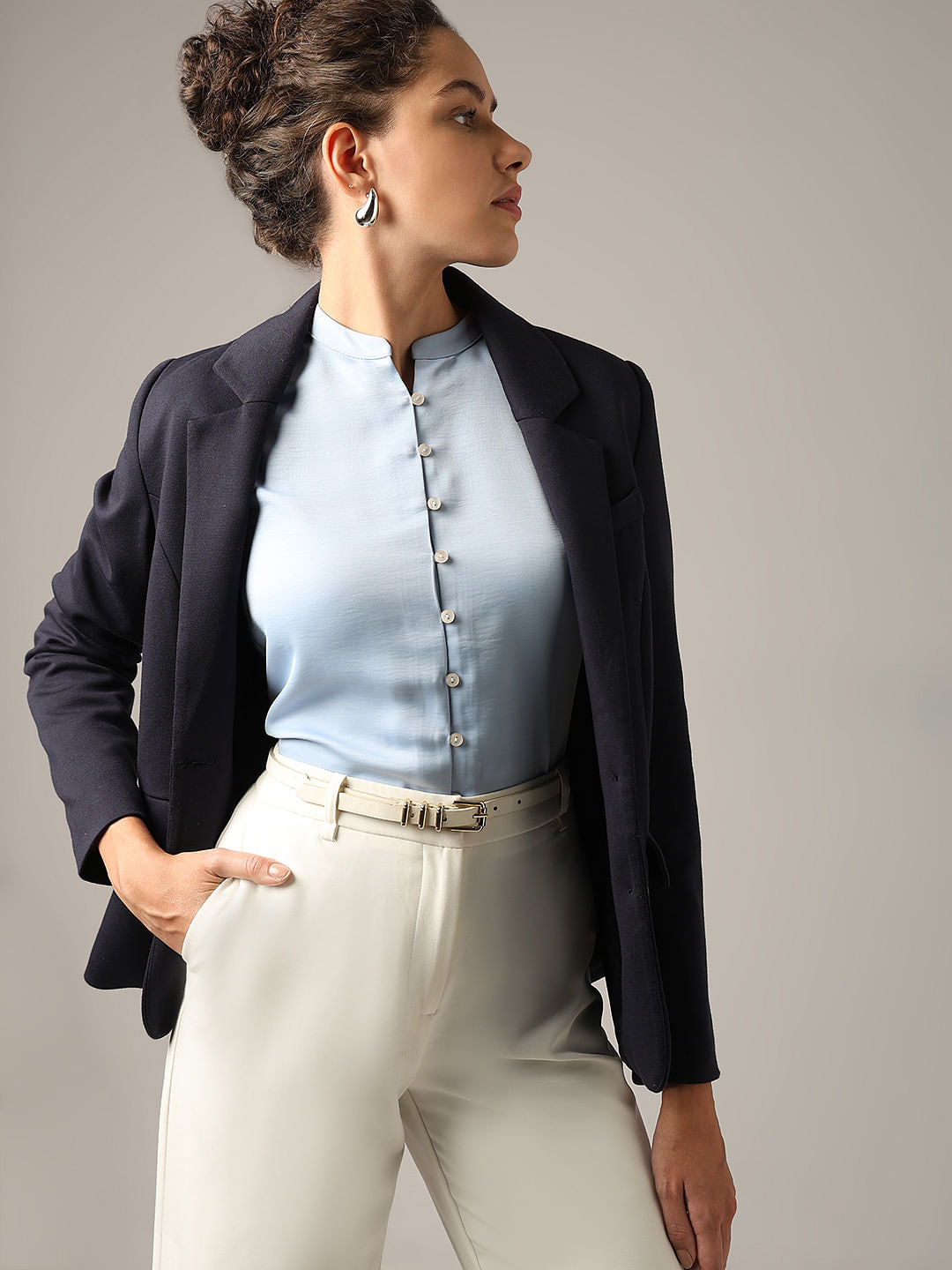 Powder Blue Mandarin Collar Top