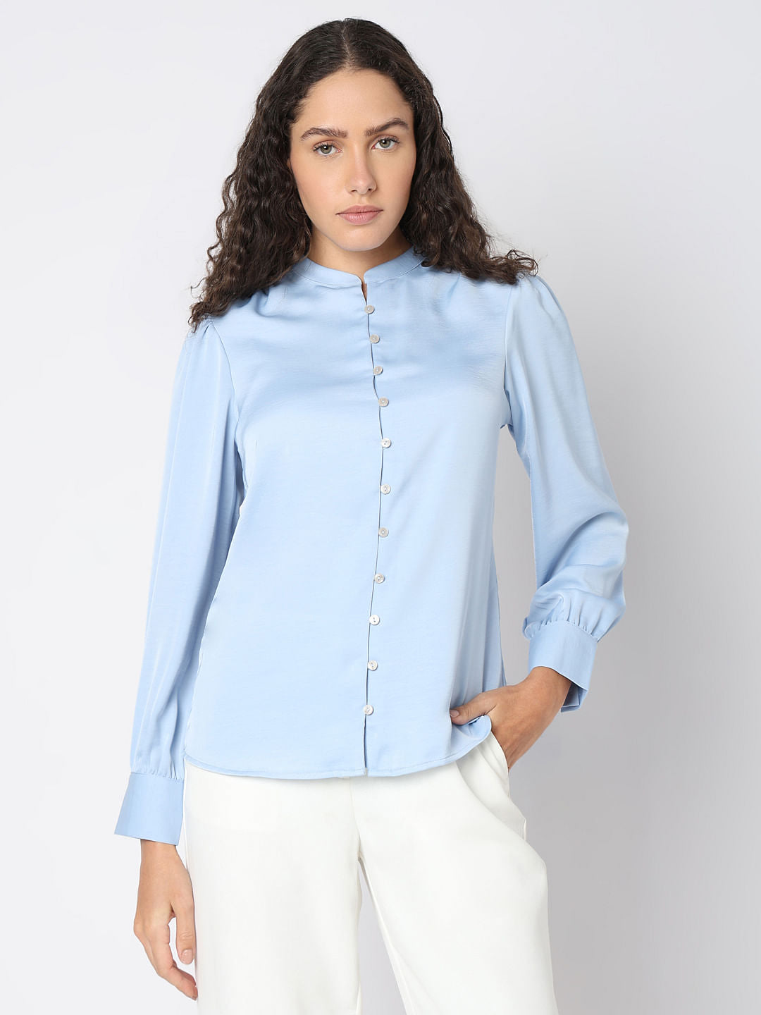 Powder Blue Mandarin Collar Top