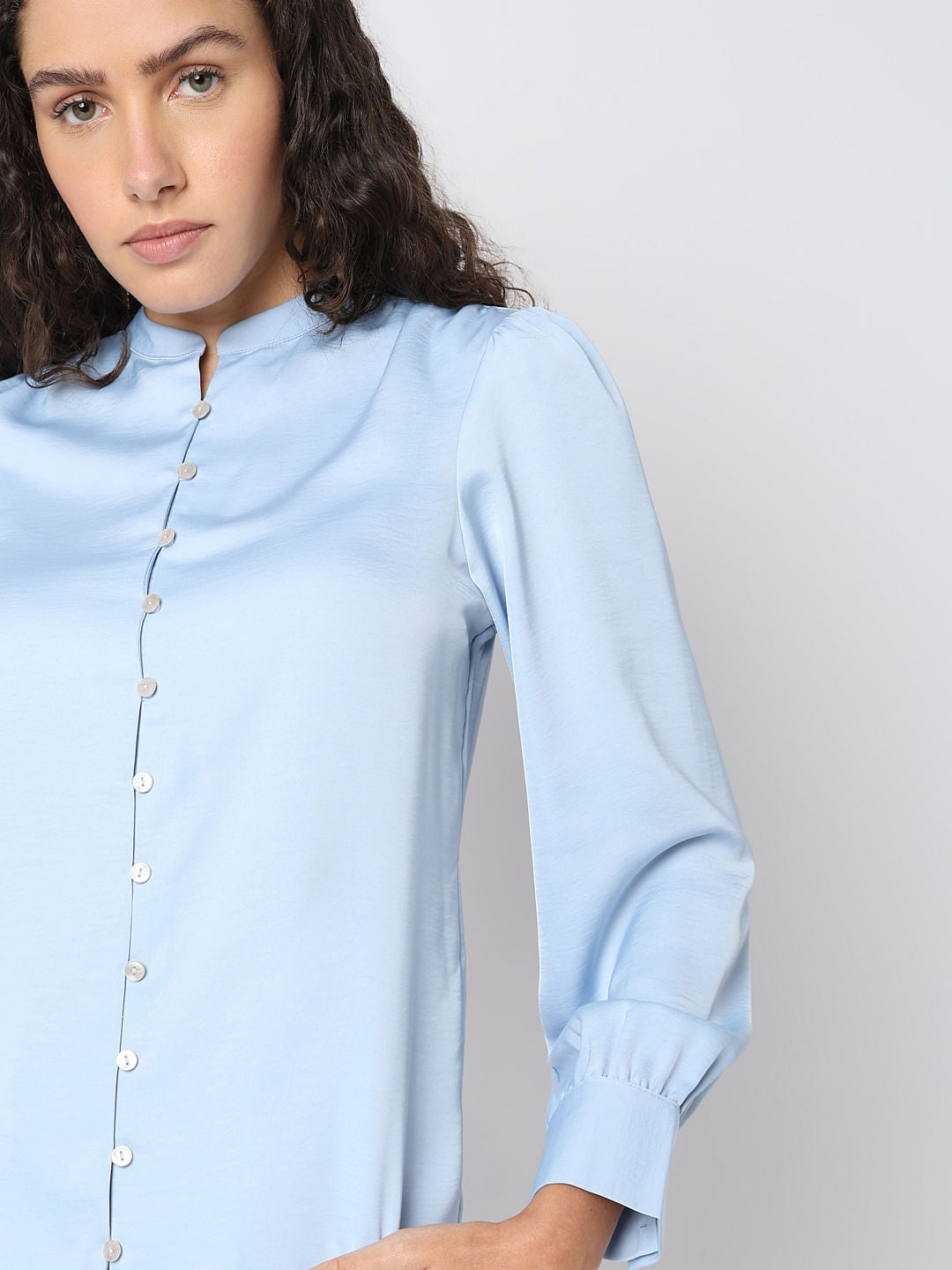 Powder Blue Mandarin Collar Top
