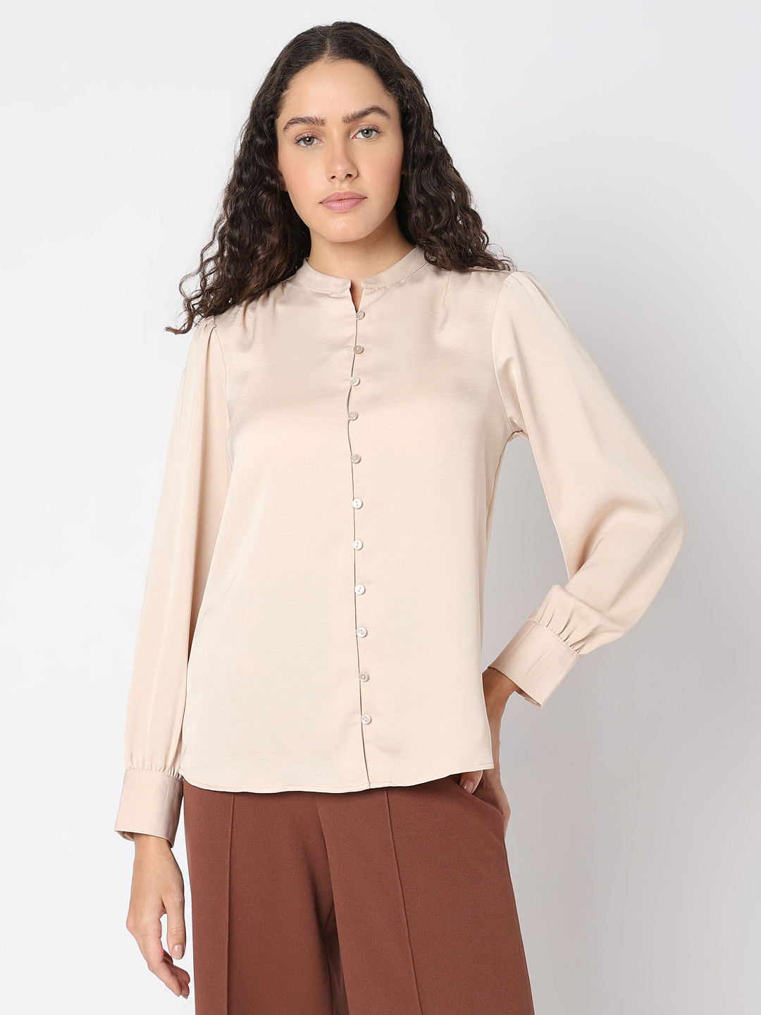 Beige Mandarin Collar Top
