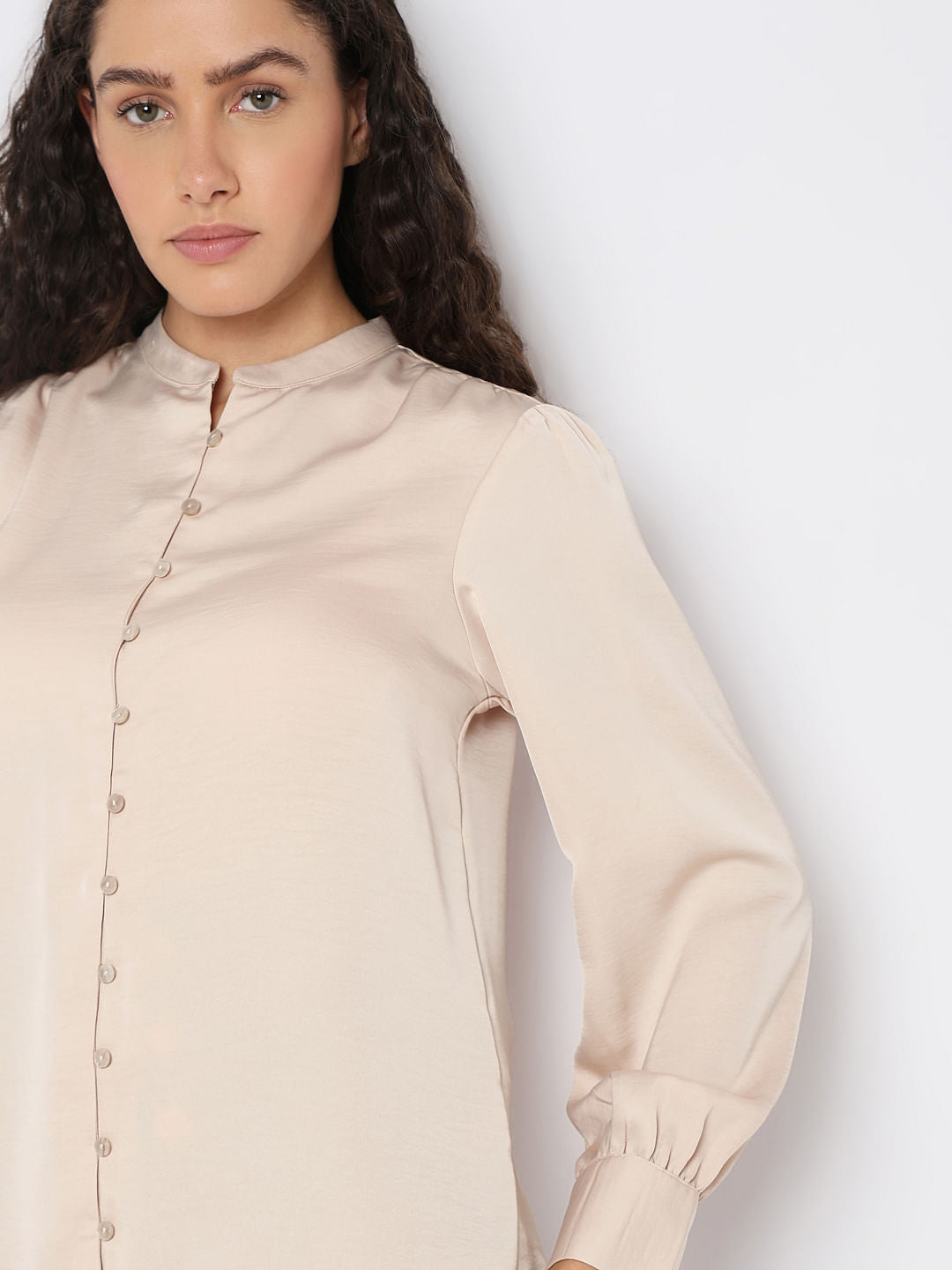 Beige Mandarin Collar Top