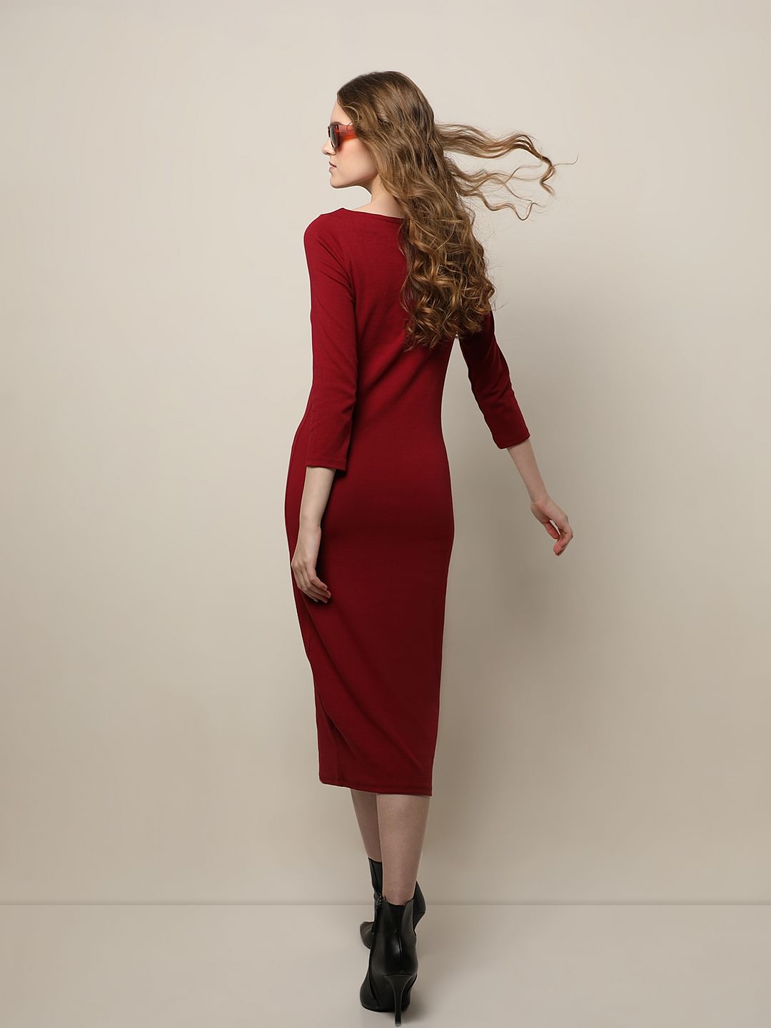 Dark Red Sheath Midi Dress