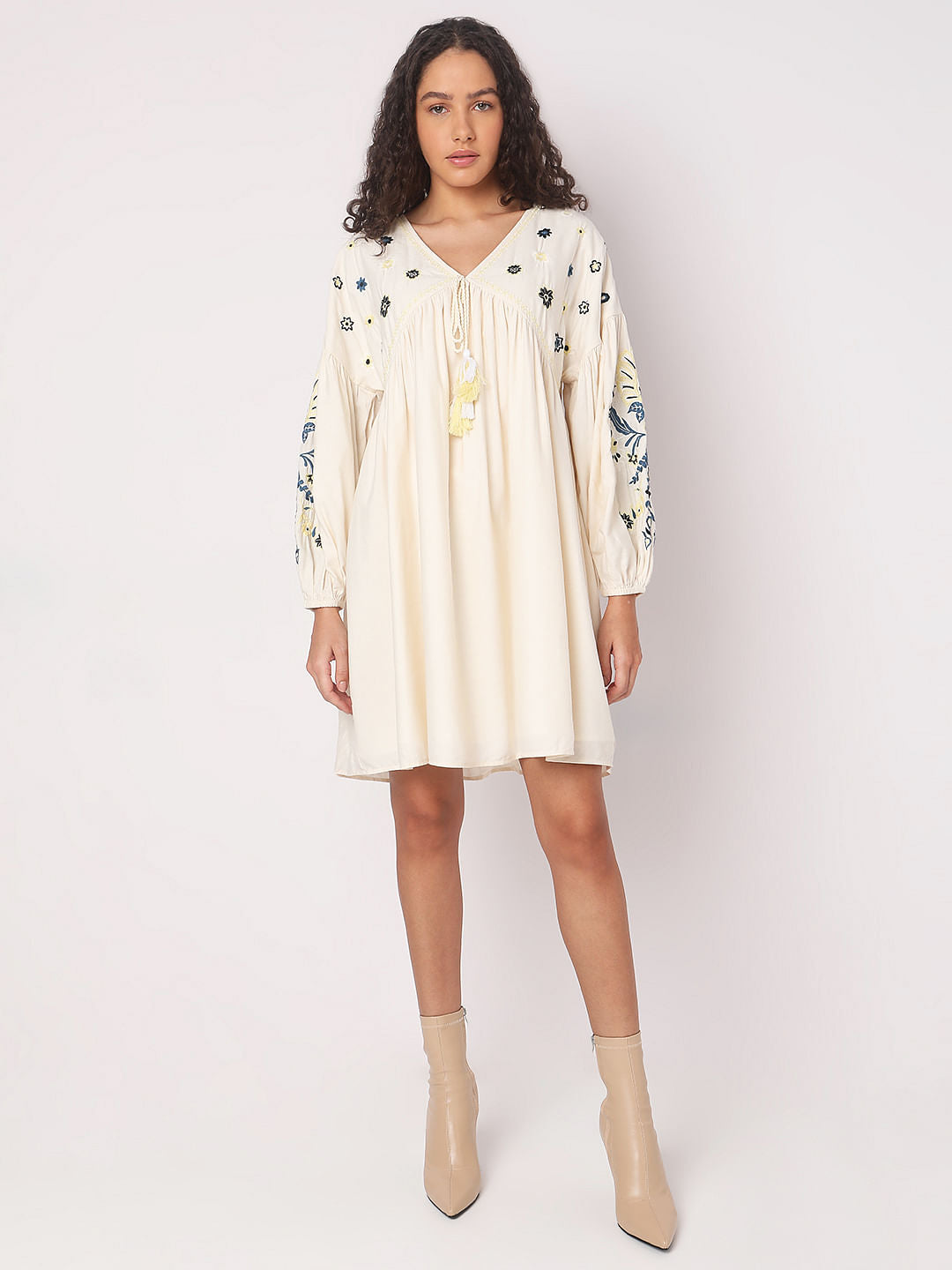 Ecru Embroidered Shift Dress