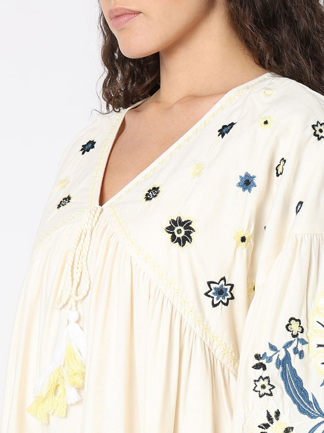 Ecru Embroidered Shift Dress