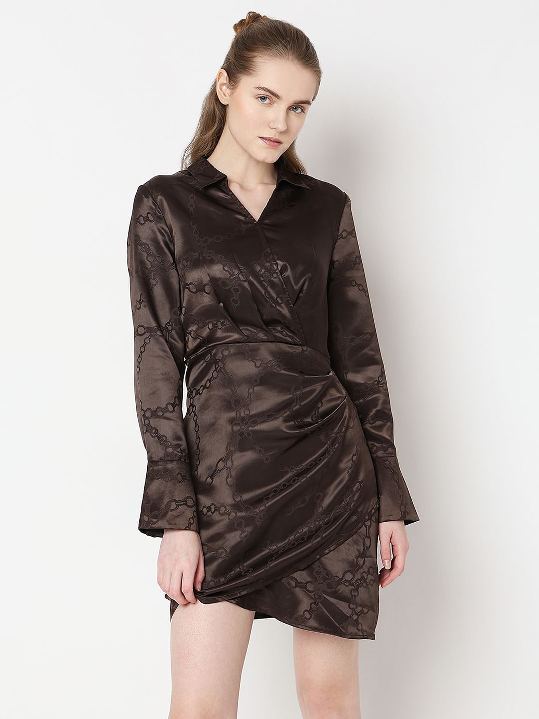 Brown Abstract Print Wrap Dress