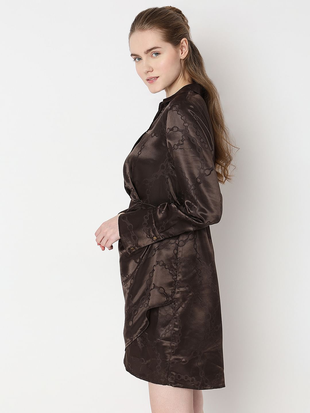 Brown Abstract Print Wrap Dress