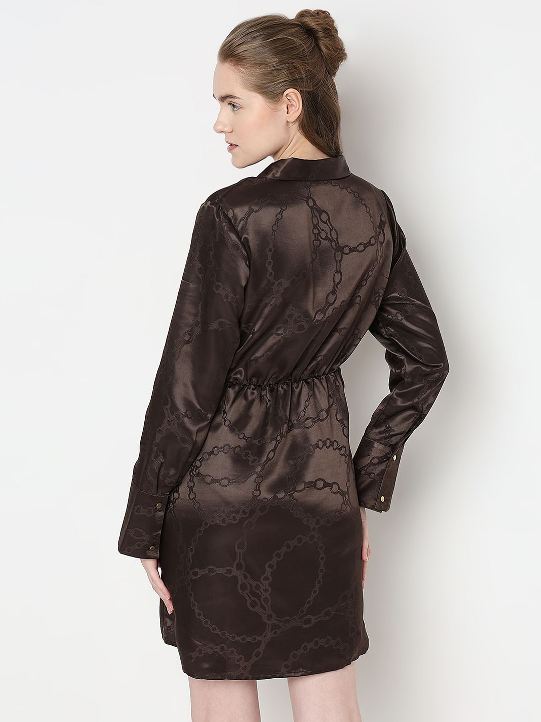 Brown Abstract Print Wrap Dress