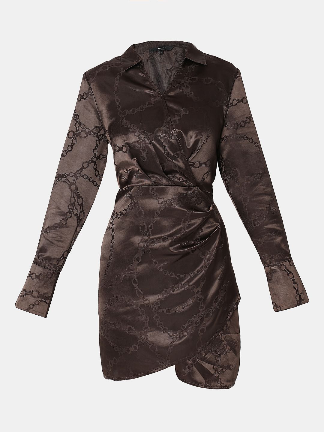 Brown Abstract Print Wrap Dress