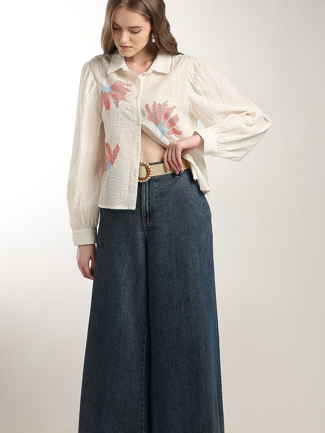 White Floral Cotton Textured Shirt