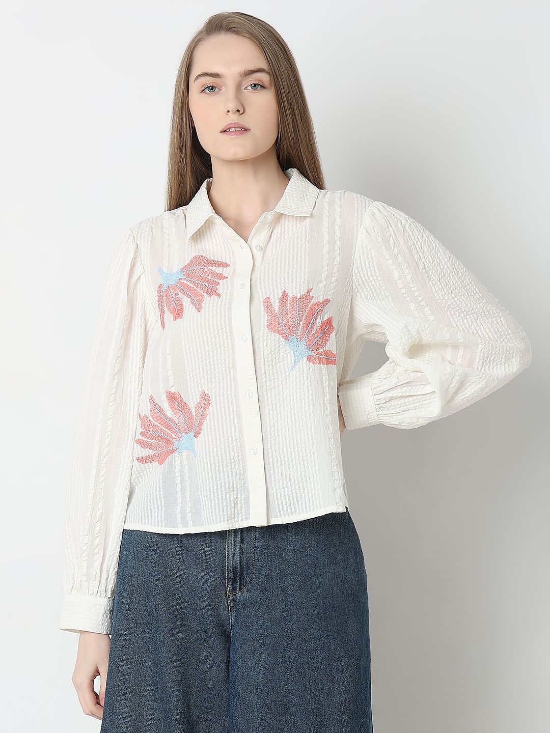 White Floral Cotton Textured Shirt