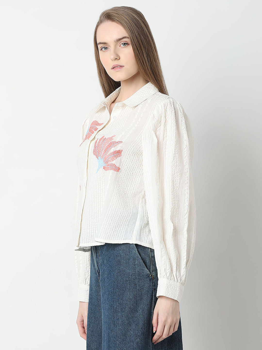 White Floral Cotton Textured Shirt