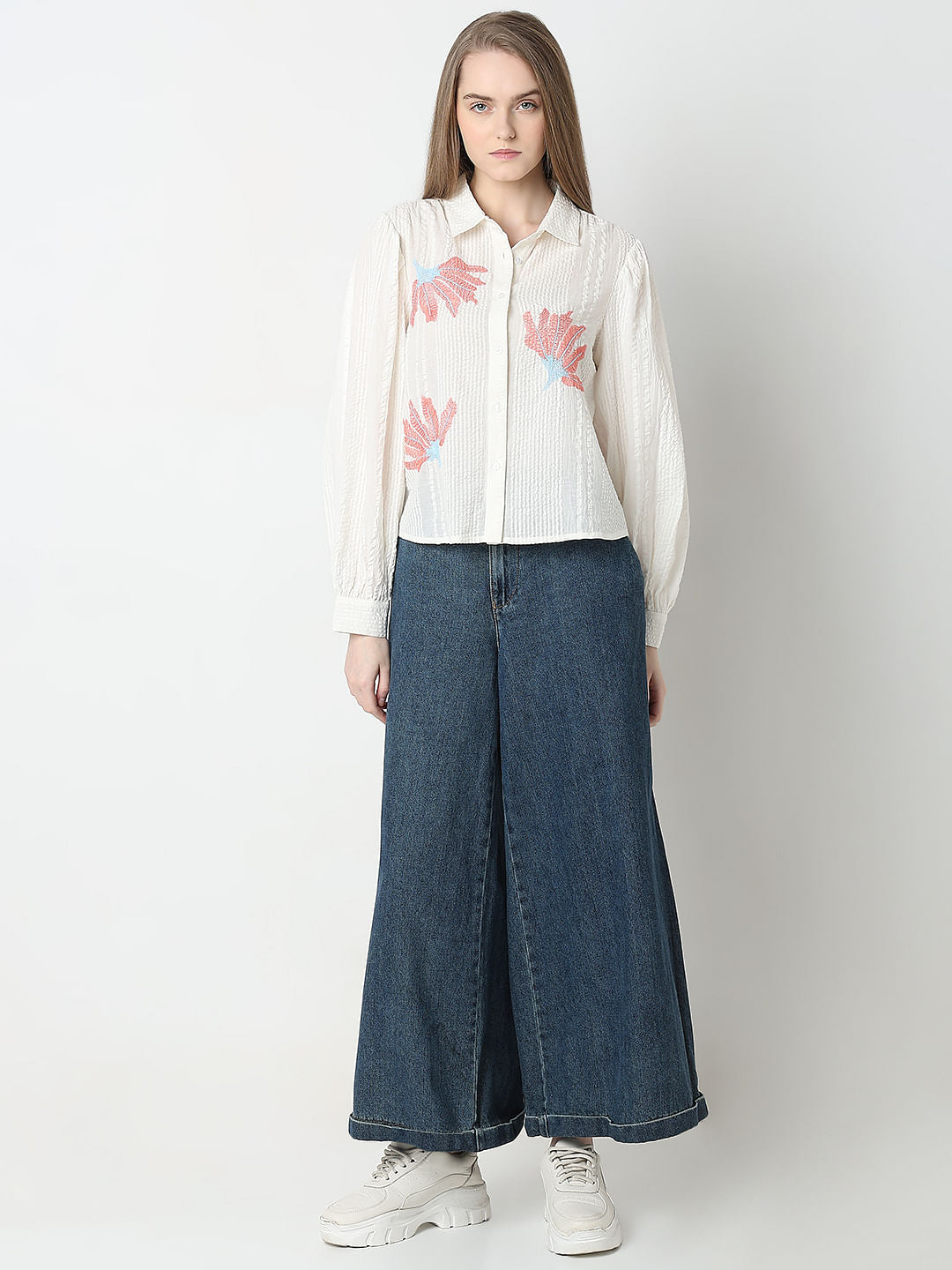 White Floral Cotton Textured Shirt