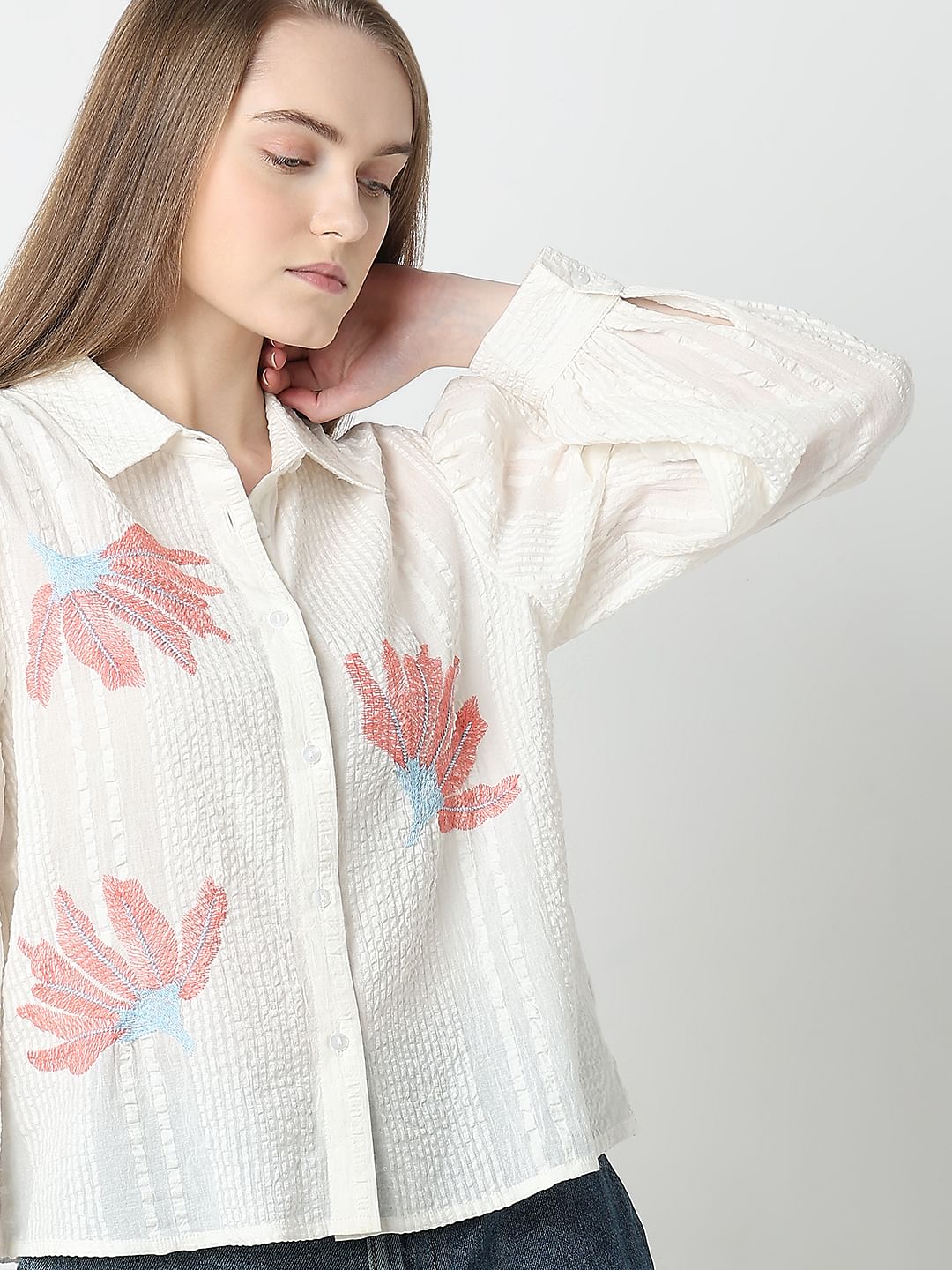 White Floral Cotton Textured Shirt