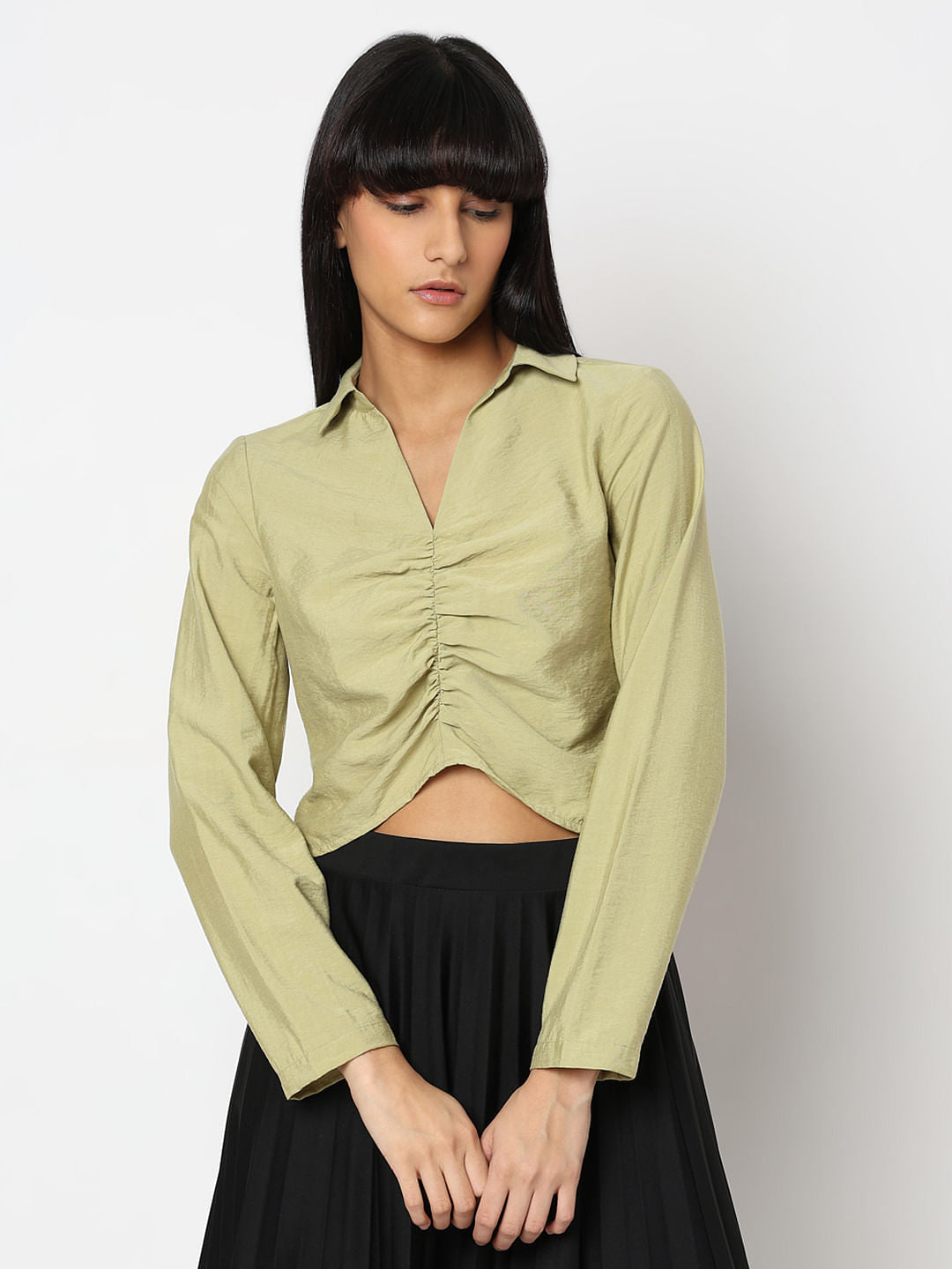 Green Ruched Cropped Shirt