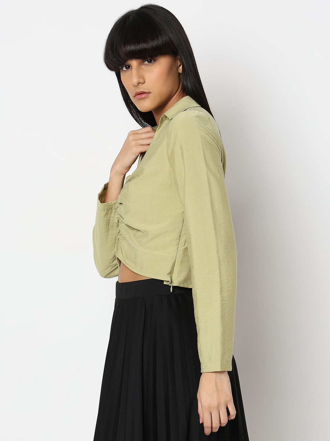 Green Ruched Cropped Shirt