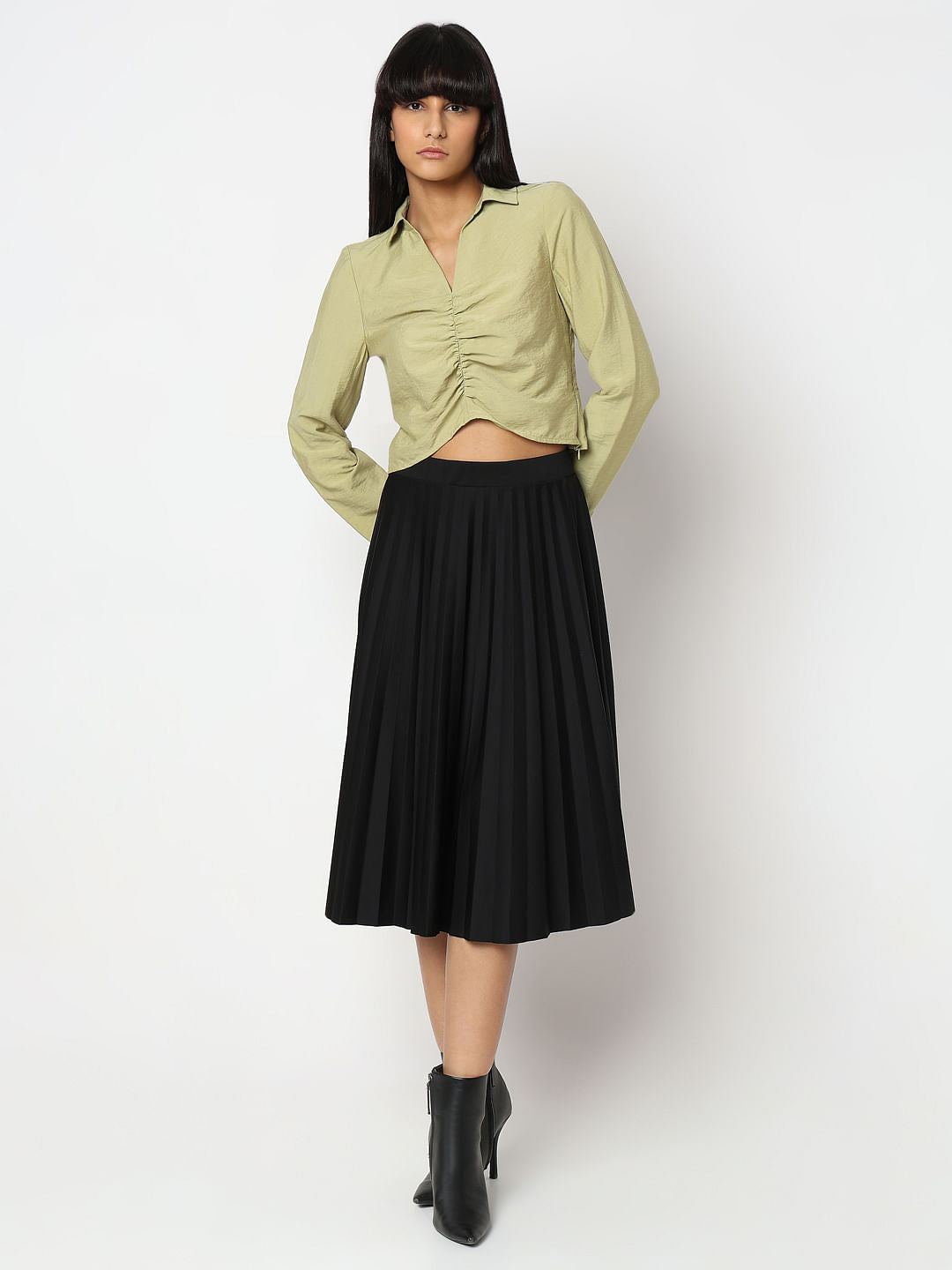 Green Ruched Cropped Shirt