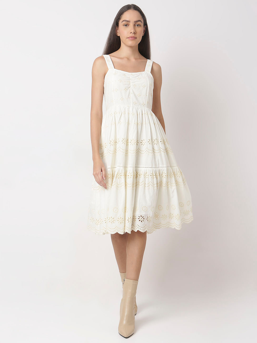 Off-White Schiffli Strappy Midi Dress