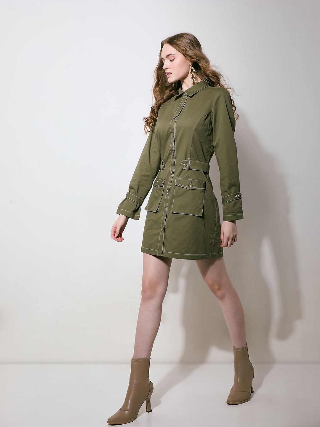 Green Contrast Stitch Detail Mini Dress