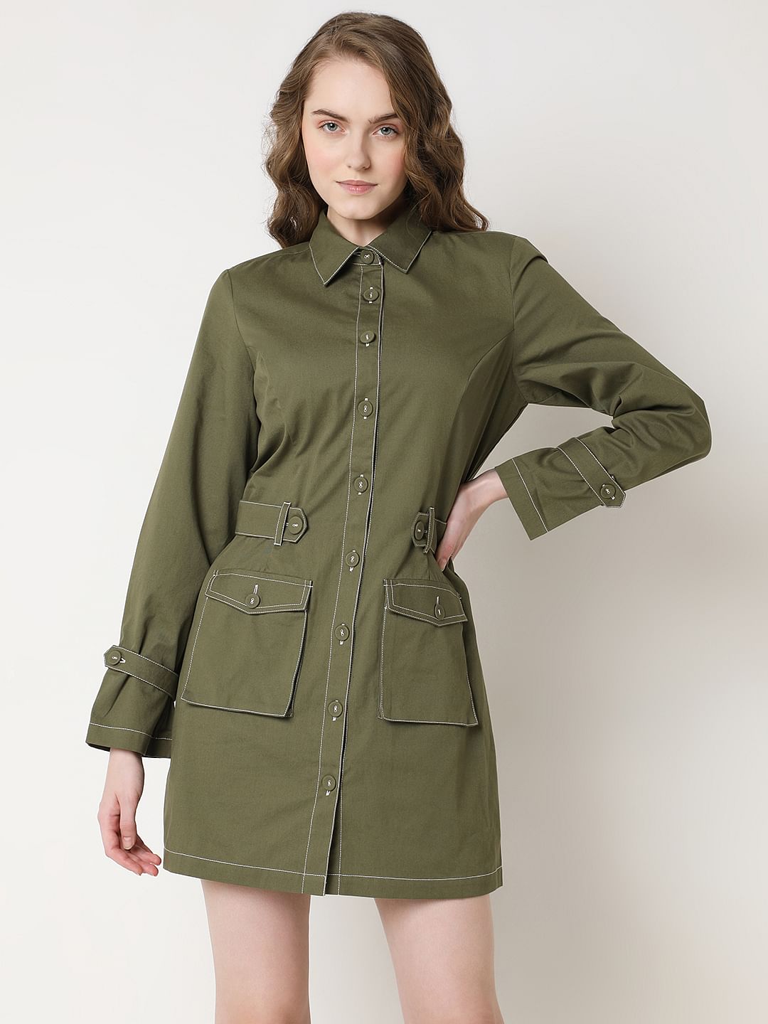 Green Contrast Stitch Detail Mini Dress