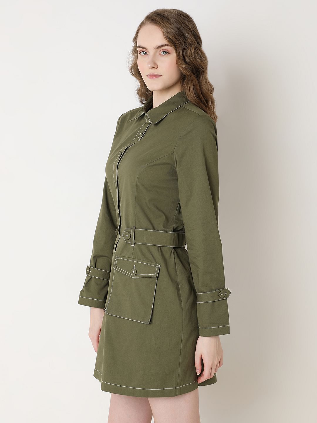 Green Contrast Stitch Detail Mini Dress