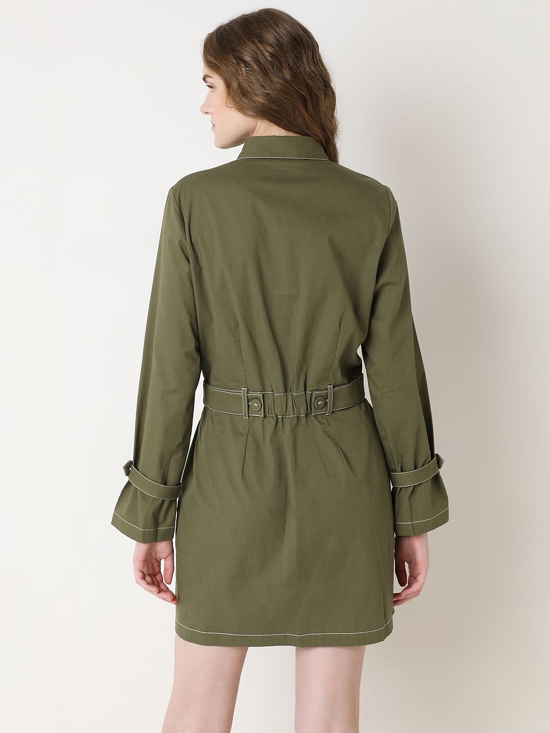 Green Contrast Stitch Detail Mini Dress