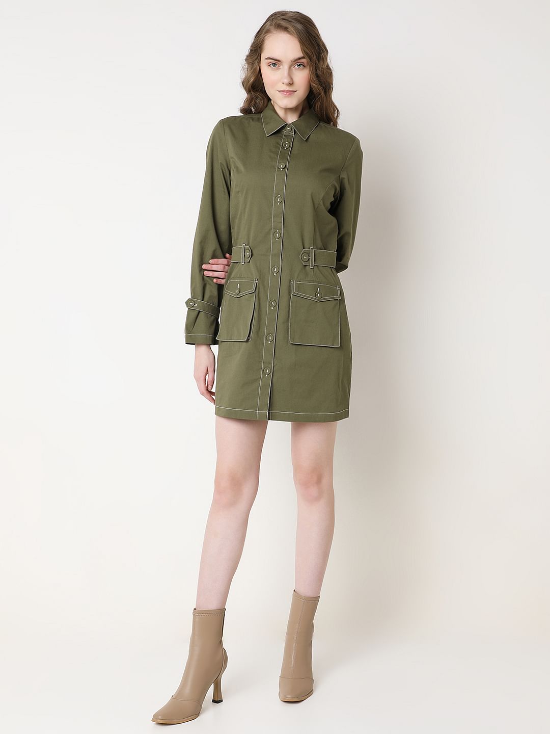 Green Contrast Stitch Detail Mini Dress